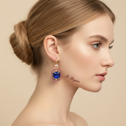Blue Crystal & Cubic Zirconia Goldtone Sunburst Spokes Hook Earrings