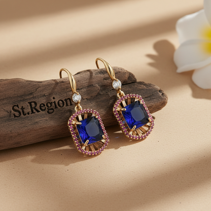 Blue Crystal & Cubic Zirconia Goldtone Sunburst Spokes Hook Earrings
