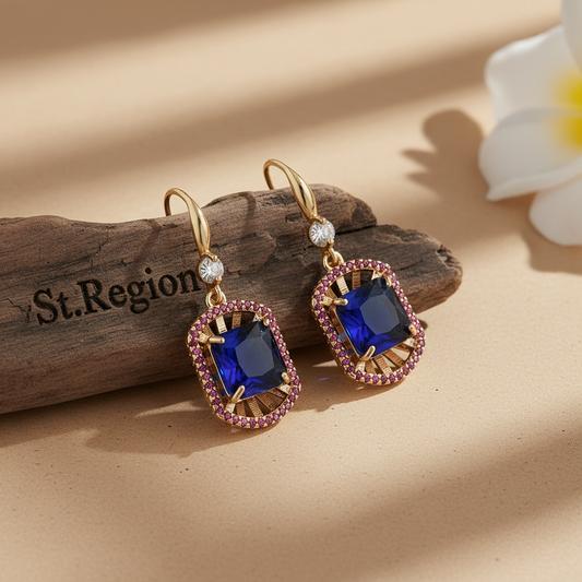 Blue Crystal & Cubic Zirconia Goldtone Sunburst Spokes Hook Earrings