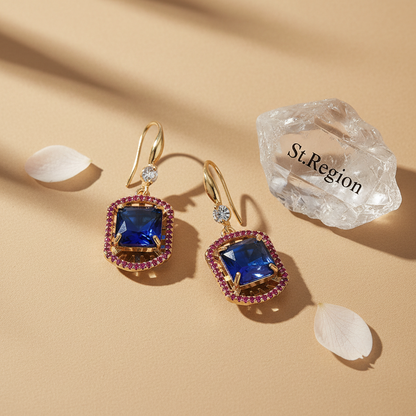 Blue Crystal & Cubic Zirconia Goldtone Sunburst Spokes Hook Earrings