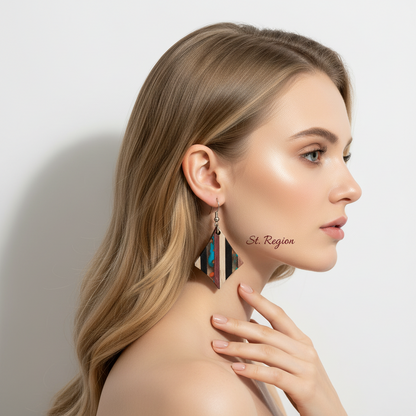 Multi-Colored Resin & Wood Silvertone Striped Diamond Hook Earrings
