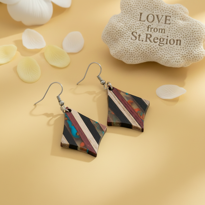 Multi-Colored Resin & Wood Silvertone Striped Diamond Hook Earrings