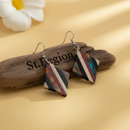 Multi-Colored Resin & Wood Silvertone Striped Diamond Hook Earrings