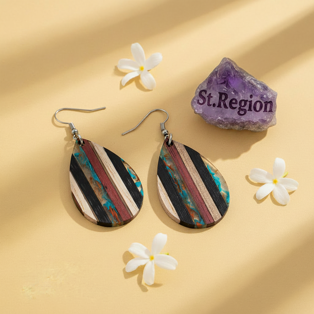 Multi-Colored Resin & Wood Silvertone Striped Teardrop Hook Earrings