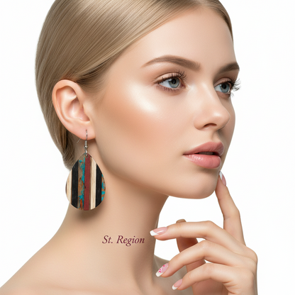Multi-Colored Resin & Wood Silvertone Striped Teardrop Hook Earrings