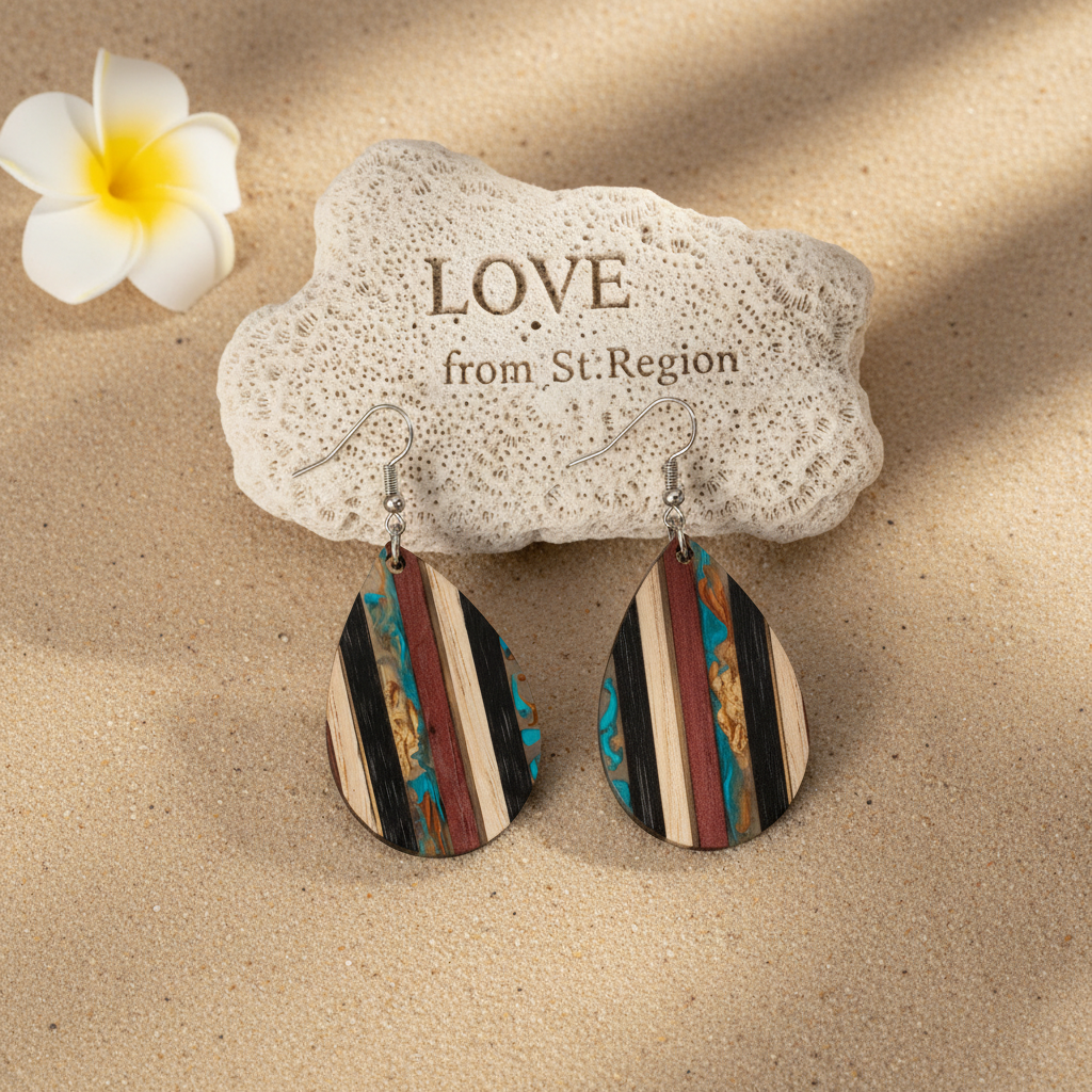 Multi-Colored Resin & Wood Silvertone Striped Teardrop Hook Earrings