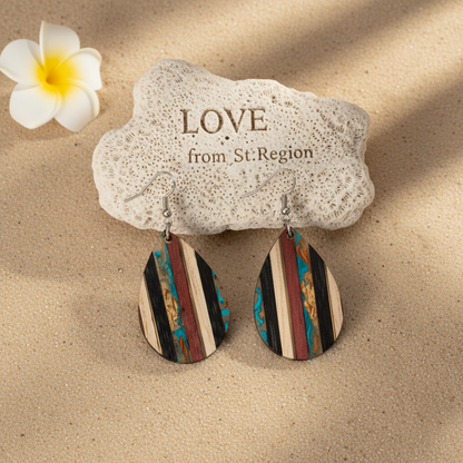 Multi-Colored Resin & Wood Silvertone Striped Teardrop Hook Earrings