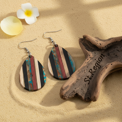 Multi-Colored Resin & Wood Silvertone Striped Teardrop Hook Earrings