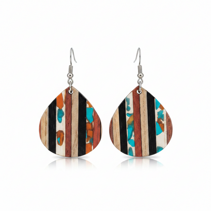 Multi-Colored Resin & Wood Silvertone Striped Pear Hook Earrings