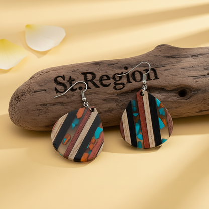 Multi-Colored Resin & Wood Silvertone Striped Pear Hook Earrings