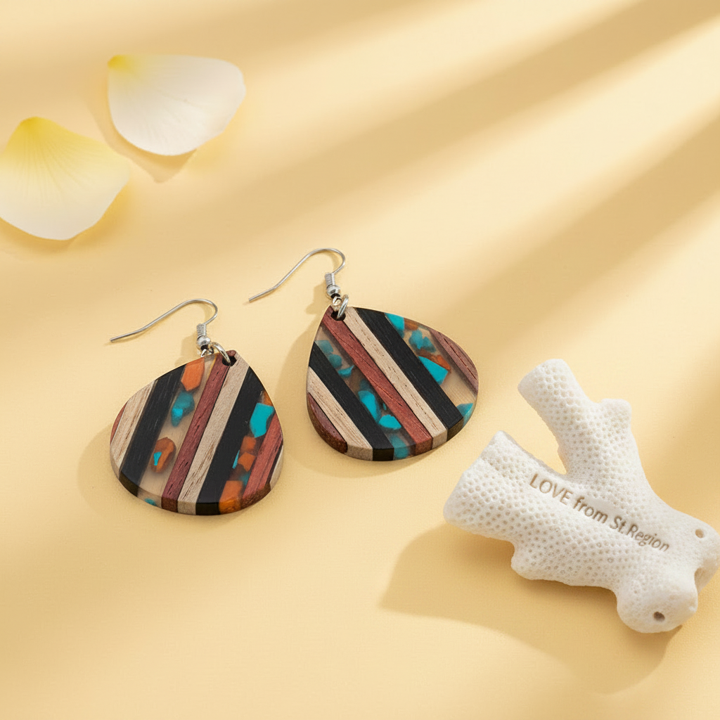 Multi-Colored Resin & Wood Silvertone Striped Pear Hook Earrings