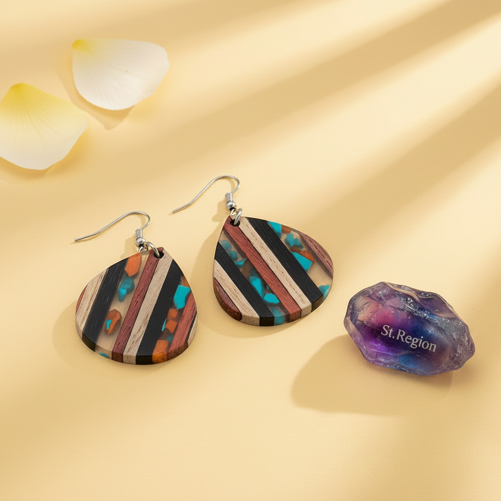 Multi-Colored Resin & Wood Silvertone Striped Pear Hook Earrings