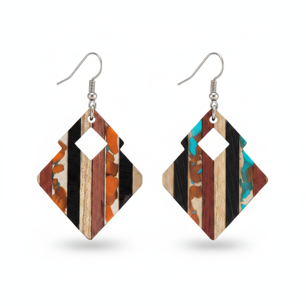 Multi-Colored Resin & Wood Silvertone Striped Stacked Square Hook Earrings
