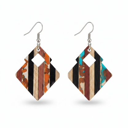 Multi-Colored Resin & Wood Silvertone Striped Stacked Square Hook Earrings