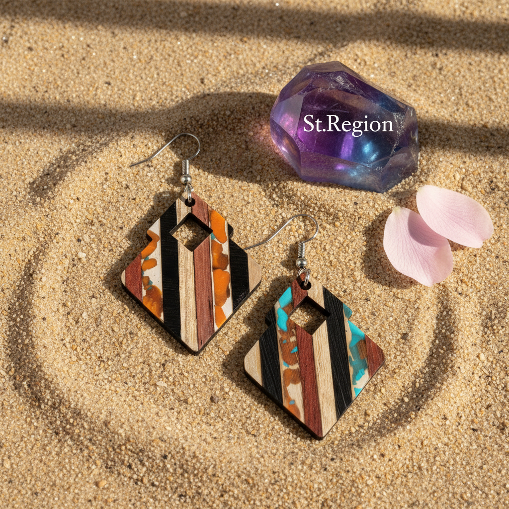 Multi-Colored Resin & Wood Silvertone Striped Stacked Square Hook Earrings