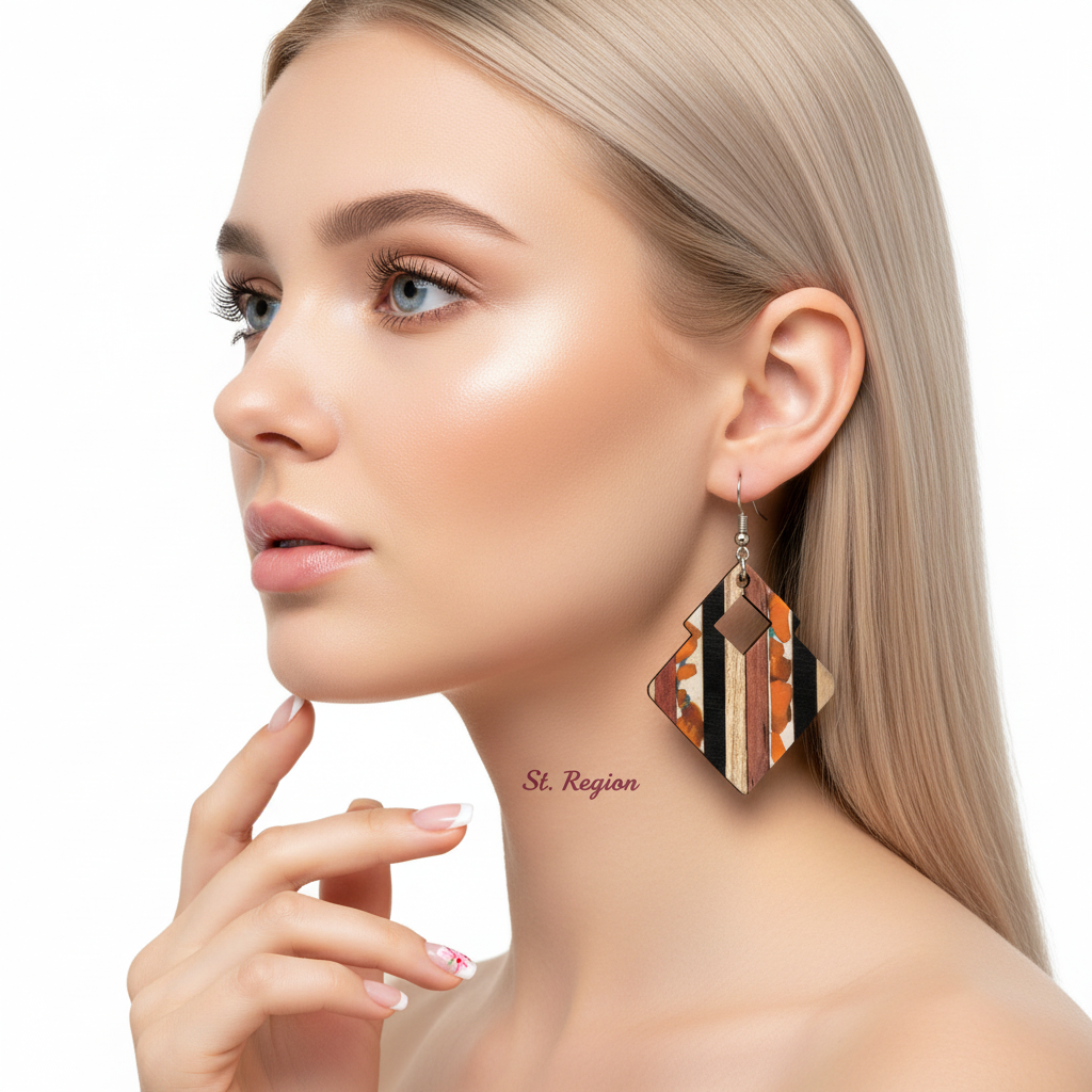 Multi-Colored Resin & Wood Silvertone Striped Stacked Square Hook Earrings