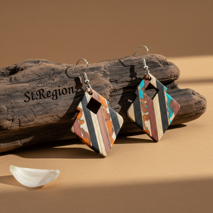 Multi-Colored Resin & Wood Silvertone Striped Stacked Square Hook Earrings