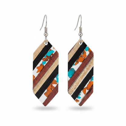Multi-Colored Resin & Wood Silvertone Striped Hexagonal Hook Earrings