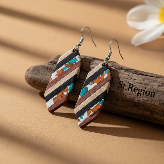 Multi-Colored Resin & Wood Silvertone Striped Hexagonal Hook Earrings