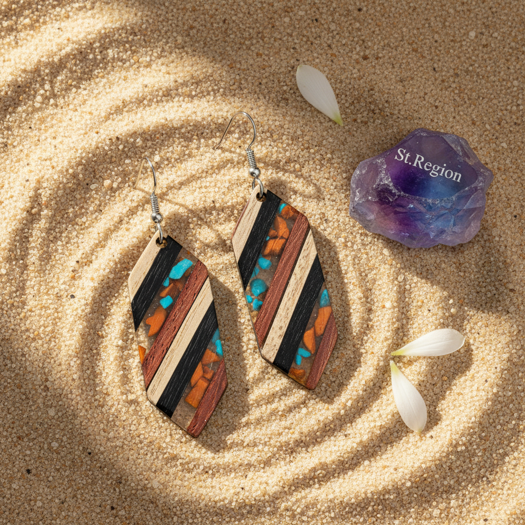 Multi-Colored Resin & Wood Silvertone Striped Hexagonal Hook Earrings