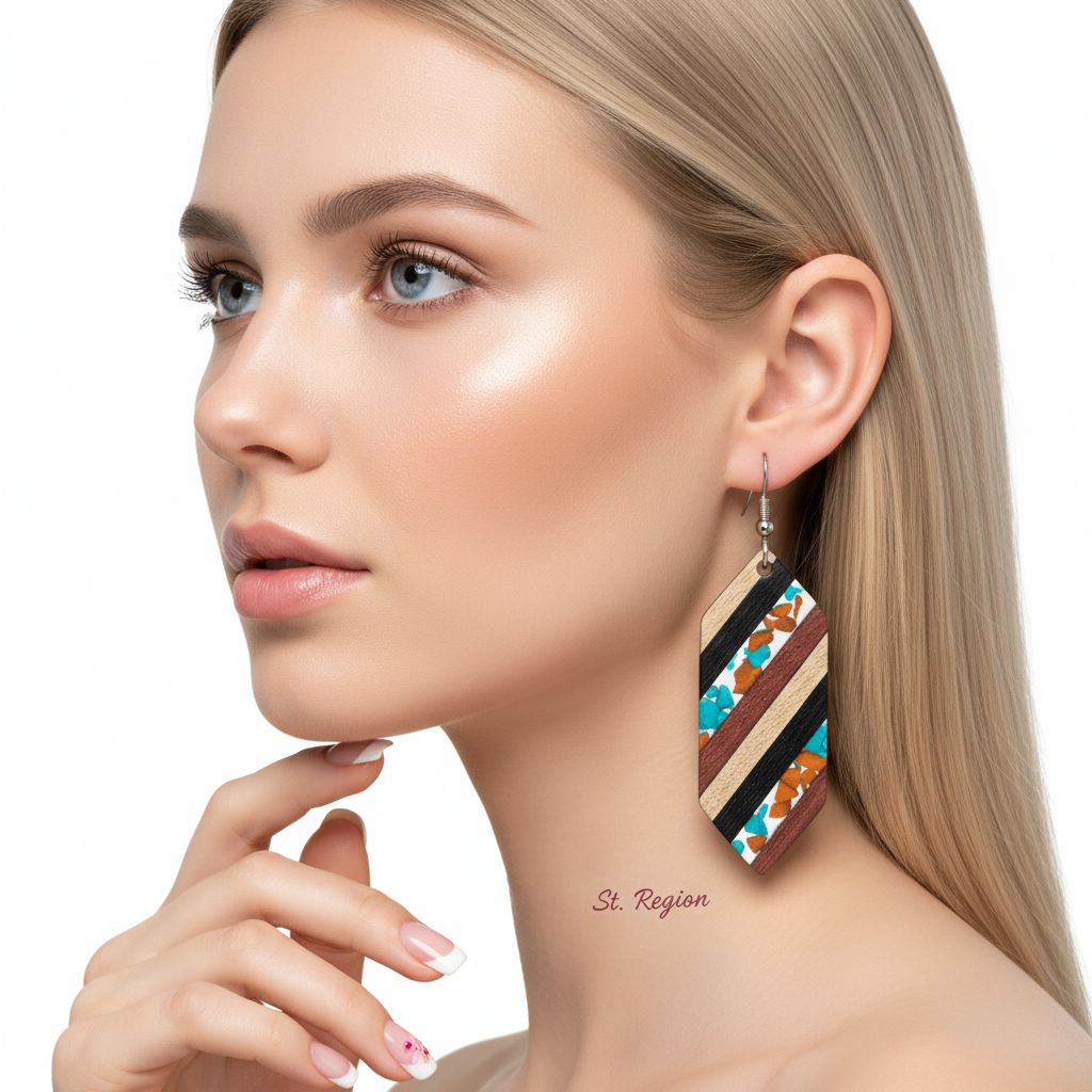 Multi-Colored Resin & Wood Silvertone Striped Hexagonal Hook Earrings