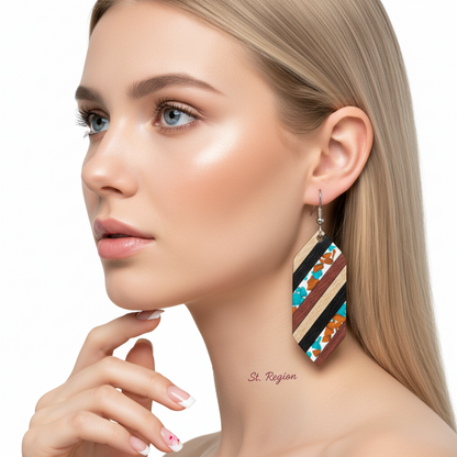 Multi-Colored Resin & Wood Silvertone Striped Hexagonal Hook Earrings