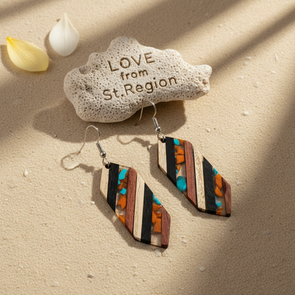Multi-Colored Resin & Wood Silvertone Striped Hexagonal Hook Earrings