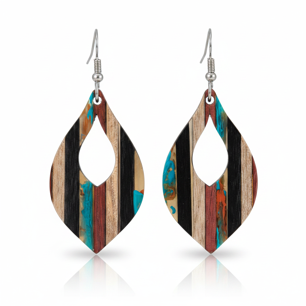 Multi-Colored Resin & Wood Silvertone Striped Almond Hook Earrings