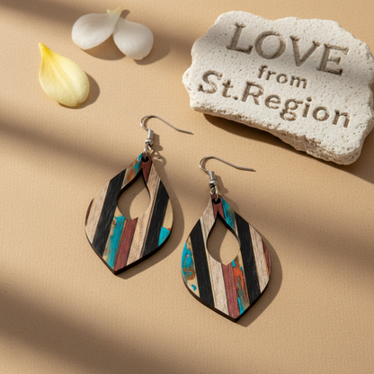 Multi-Colored Resin & Wood Silvertone Striped Almond Hook Earrings