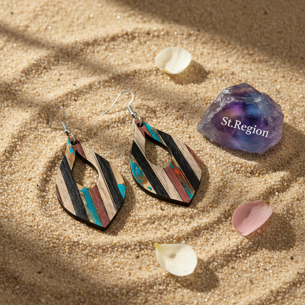 Multi-Colored Resin & Wood Silvertone Striped Almond Hook Earrings