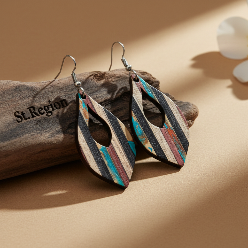 Multi-Colored Resin & Wood Silvertone Striped Almond Hook Earrings
