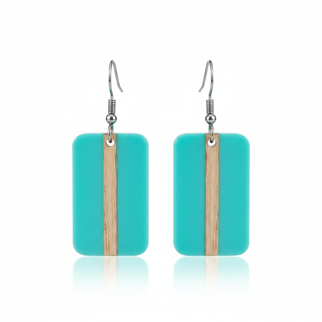 Light Blue Resin & Wood Silvertone Rectangle Hook Earrings