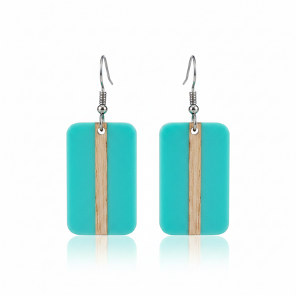 Light Blue Resin & Wood Silvertone Rectangle Hook Earrings