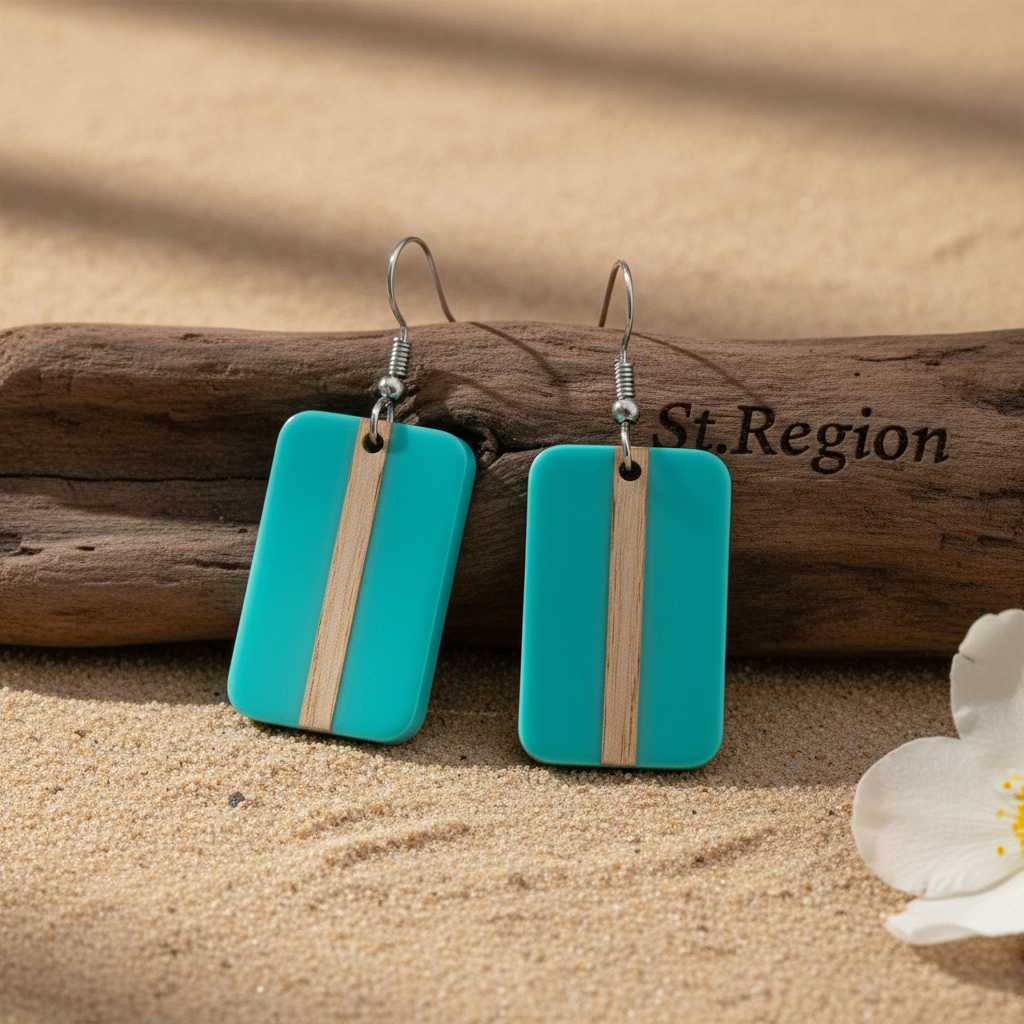 Light Blue Resin & Wood Silvertone Rectangle Hook Earrings