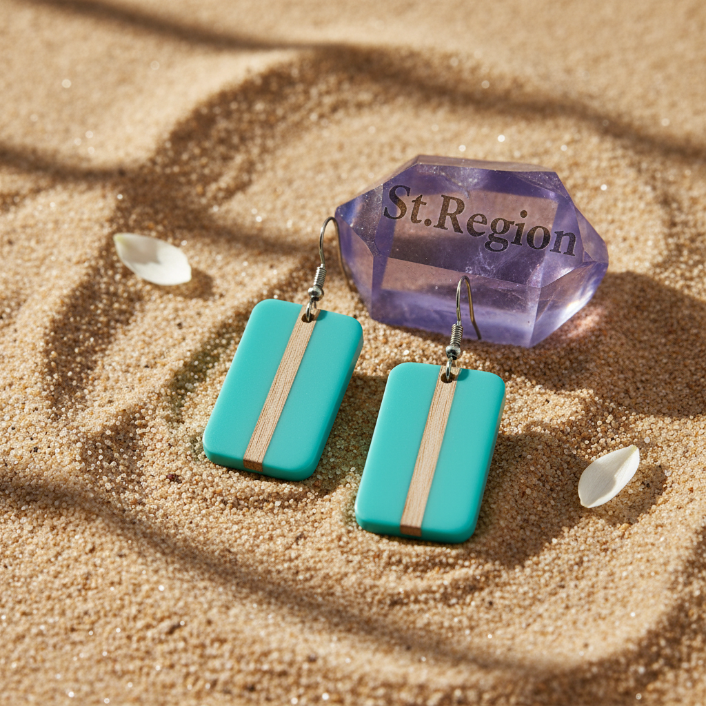 Light Blue Resin & Wood Silvertone Rectangle Hook Earrings