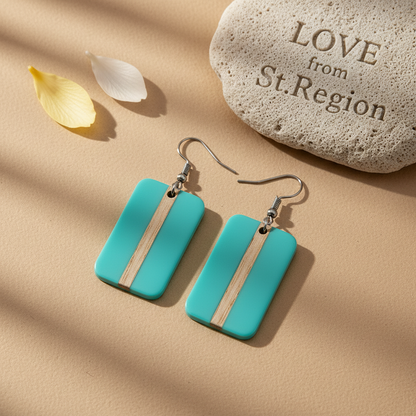 Light Blue Resin & Wood Silvertone Rectangle Hook Earrings