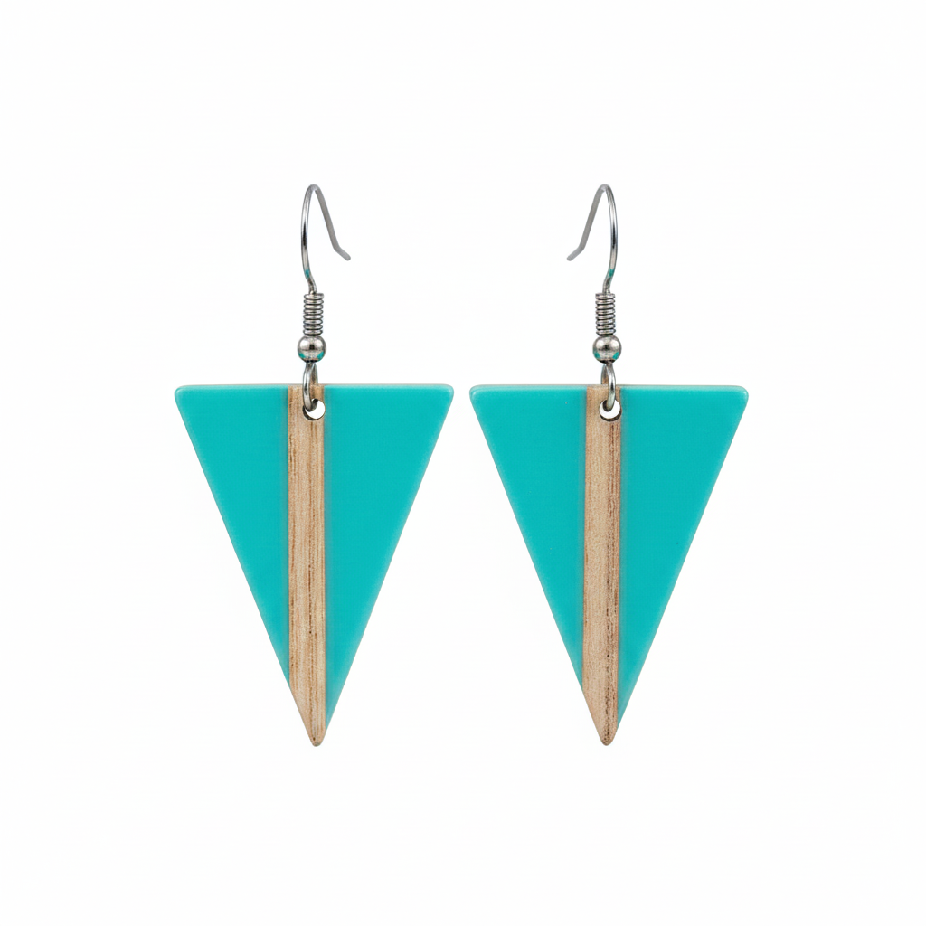 Light Blue Resin & Wood Silvertone Triangle Hook Earrings