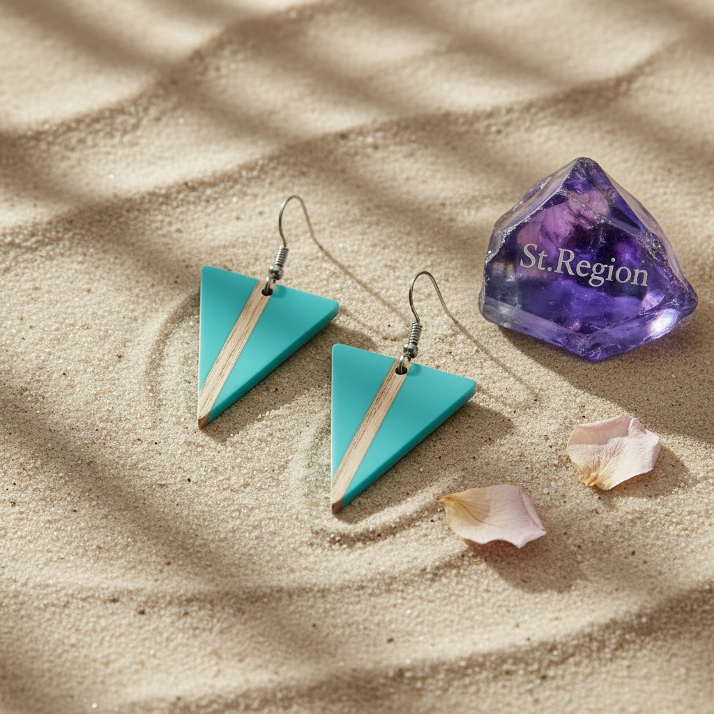 Light Blue Resin & Wood Silvertone Triangle Hook Earrings
