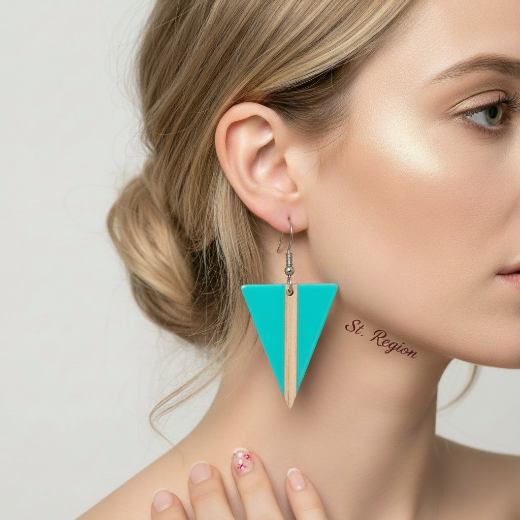 Light Blue Resin & Wood Silvertone Triangle Hook Earrings