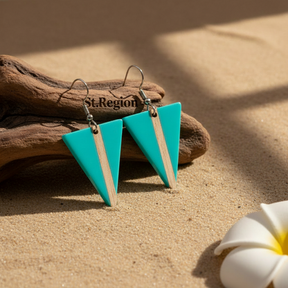 Light Blue Resin & Wood Silvertone Triangle Hook Earrings