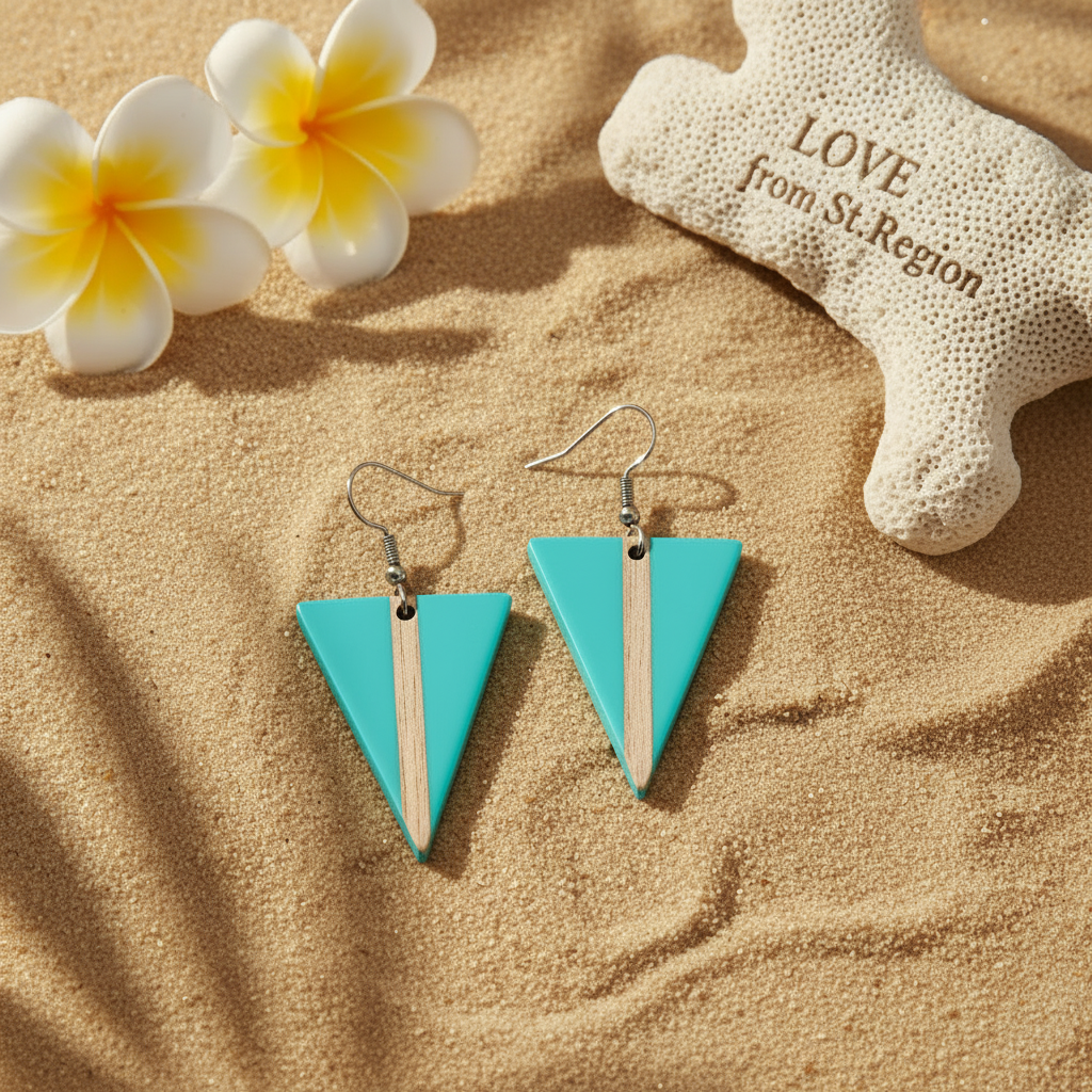Light Blue Resin & Wood Silvertone Triangle Hook Earrings