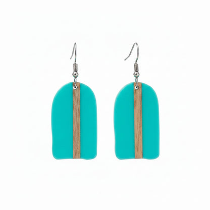 Light Blue Resin & Wood Silvertone Arch Hook Earrings