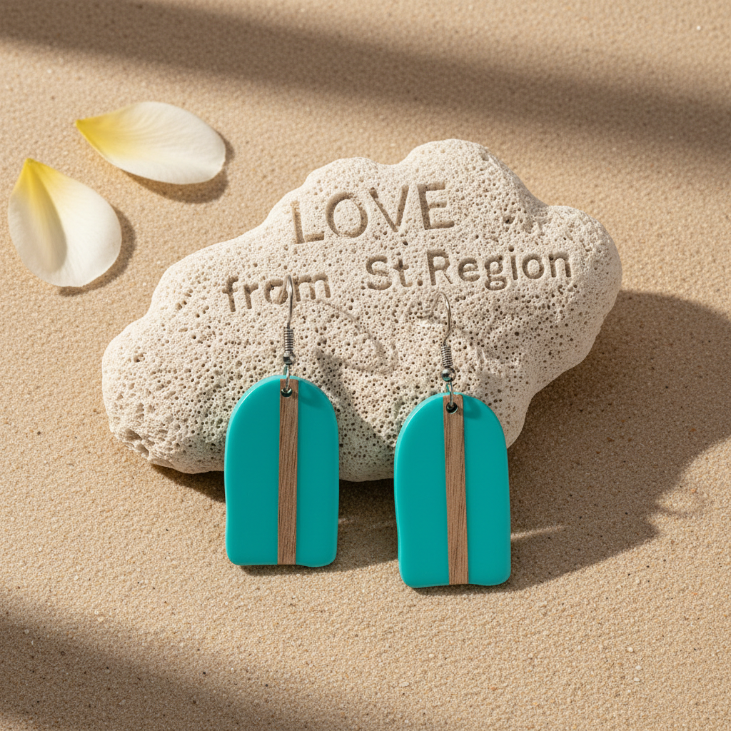 Light Blue Resin & Wood Silvertone Arch Hook Earrings