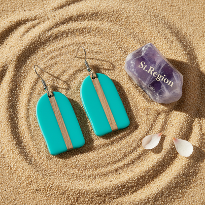 Light Blue Resin & Wood Silvertone Arch Hook Earrings