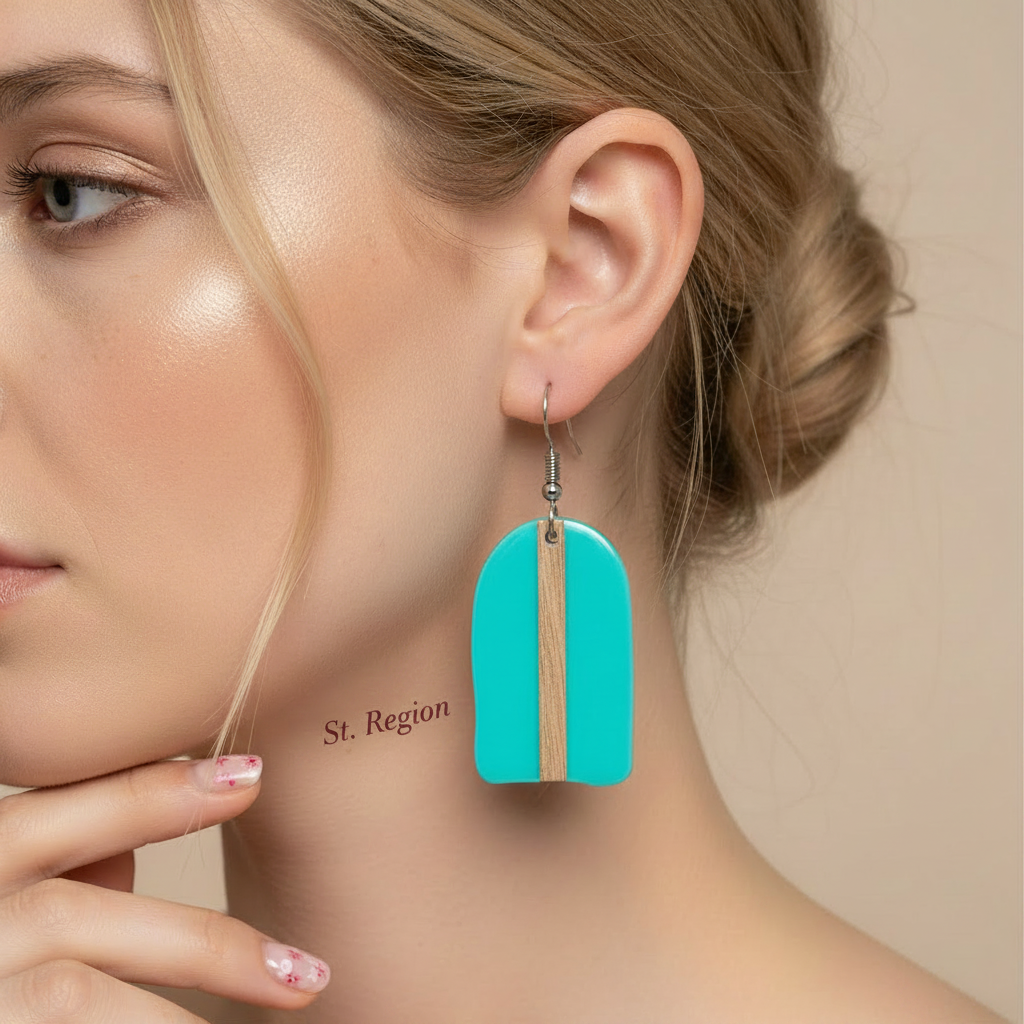 Light Blue Resin & Wood Silvertone Arch Hook Earrings
