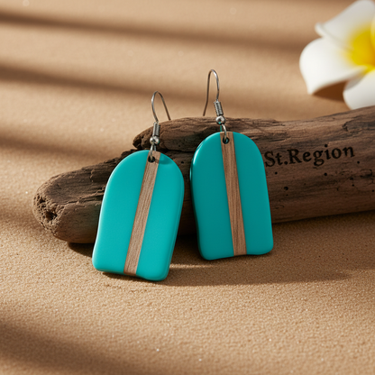 Light Blue Resin & Wood Silvertone Arch Hook Earrings