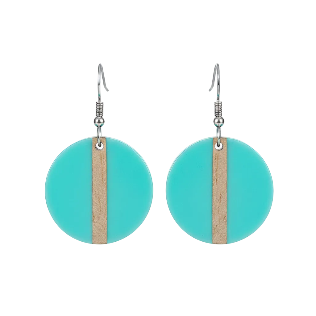 Light Blue Resin & Wood Silvertone Round Hook Earrings