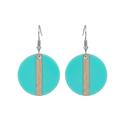 Light Blue Resin & Wood Silvertone Round Hook Earrings