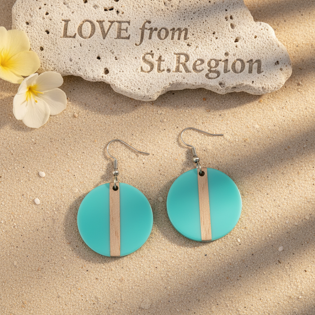 Light Blue Resin & Wood Silvertone Round Hook Earrings