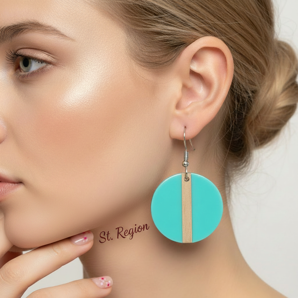 Light Blue Resin & Wood Silvertone Round Hook Earrings